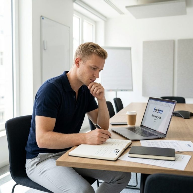 Gründungscoaching Papier mit der Aufschrift "Marketingstrategie", umgeben von Bürobedarf und einer Pflanze.
