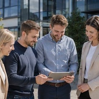 Papier mit der Aufschrift "Marketingstrategie", umgeben von Bürobedarf und einer Pflanze.