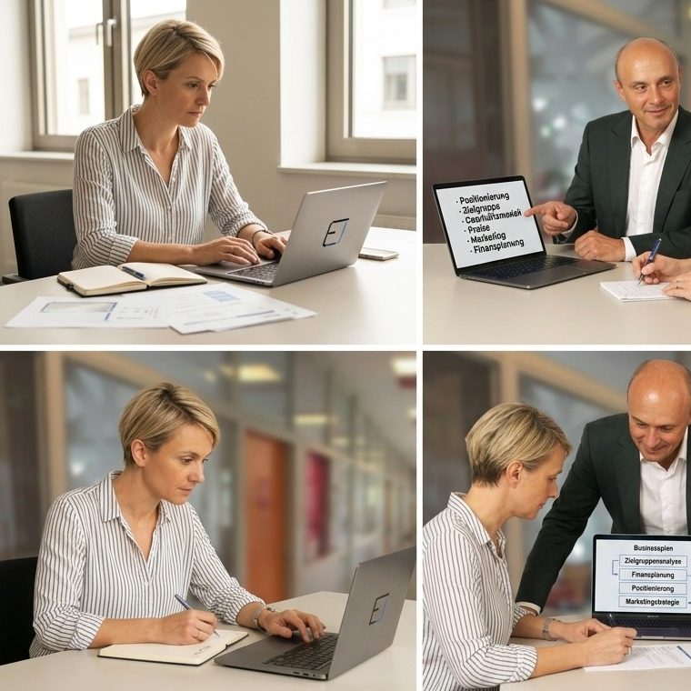Gründungscoaching Papier mit der Aufschrift "Marketingstrategie", umgeben von Bürobedarf und einer Pflanze.