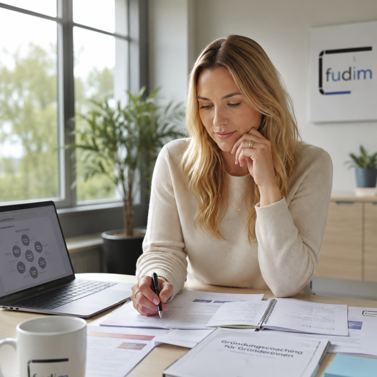 Gründungscoaching Papier mit der Aufschrift "Marketingstrategie", umgeben von Bürobedarf und einer Pflanze.