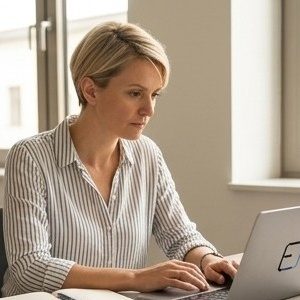 Papier mit der Aufschrift "Marketingstrategie", umgeben von Bürobedarf und einer Pflanze.