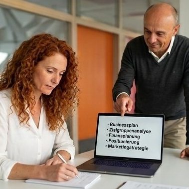 Gründungscoaching Papier mit der Aufschrift "Marketingstrategie", umgeben von Bürobedarf und einer Pflanze.